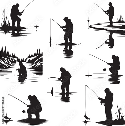 black silhouettes of people fishing in various positions on water  recreational activity