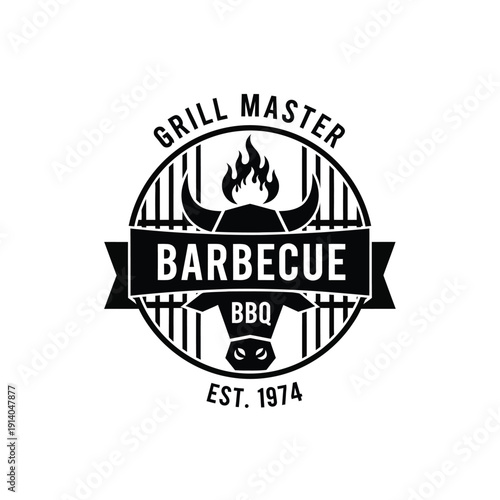 Vector illustration icon grill master barbecue logo design with bull head and flames