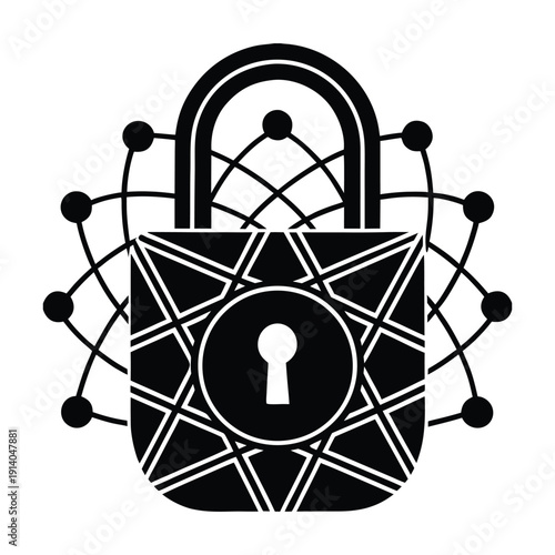 Quantum Encryption Lock Silhouette with Photon Lines 