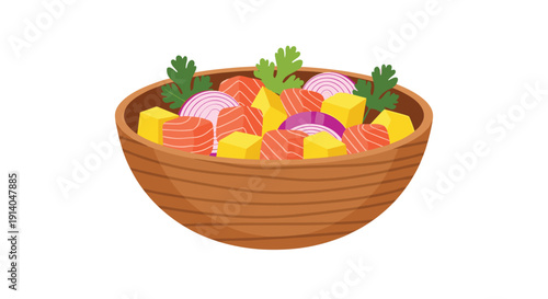 A colorful poke bowl with salmon, diced mango, red onion, and cilantro sits in a wooden bowl.