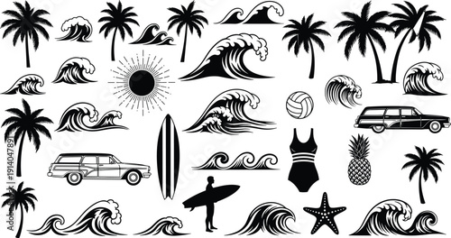 Black silhouette set of palm trees, ocean waves, surfer with board, sun, starfish and station wagon, cad drawing flat vector illustration.