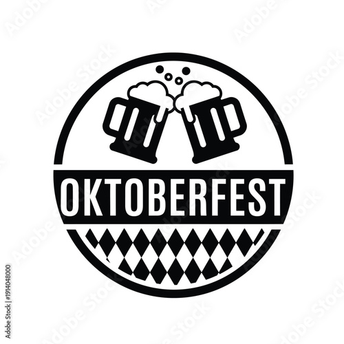 Vector illustration icon black and white oktoberfest logo with beer mugs and traditional german pattern