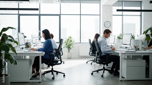 Modern office space with employees working on computers at their desks under bright lighting