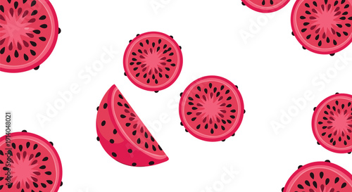 Scattered slices of red dragon fruit with black seeds against a clean white background, showcasing both whole and cut pieces.