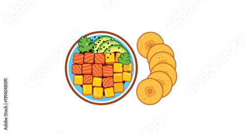 Overhead view of a colorful poke bowl with salmon, mango, avocado, and cilantro, alongside a row of round plantain chips on a white background.