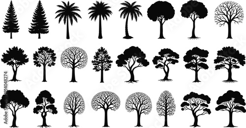 Black, tree, silhouettes, collection, featuring, pine, palm, oak, and, deciduous, species, for, nature, forest, landscape, environment, ecology, garden, and, woodland, designs.
