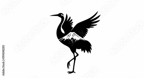 A majestic black and white silhouette of a crane with Mount Fuji integrated into its chest, symbolizing grace and natural beauty