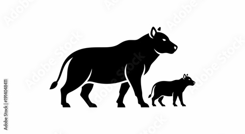 Illustration of a large rhinoceros and a smaller rhinoceros in silhouette form