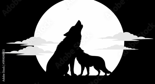 Haunting silhouette of a powerful wolf howling at the full moon, accompanied by a loyal pup, embodying the spirit of the wilderness and nocturnal life