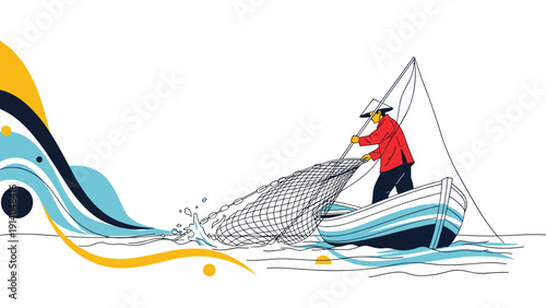 Traditional fisherman in a boat pulls a large fishing net from the sea against a backdrop of abstract blue and yellow waves.