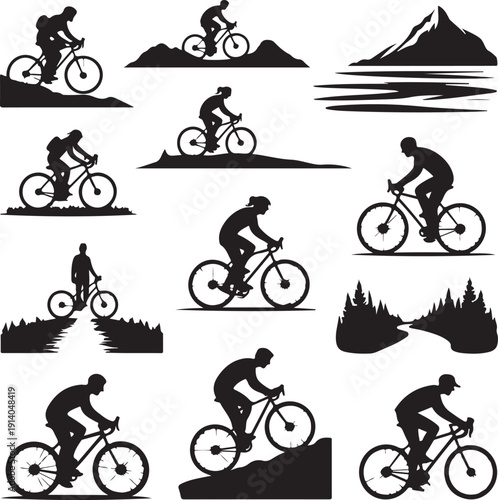 black silhouettes of people riding bicycles in various landscapes