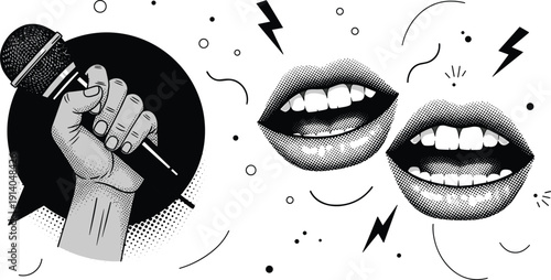 Hand holding microphone with open mouth lips, music and podcast performance art, cad drawing flat vector illustration, isolated on white.