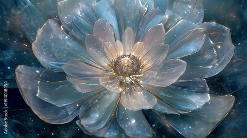 person’s chest opening like a flower releasing ethereal light, petals made of glass and energy, symbolic rebirth in harmony 