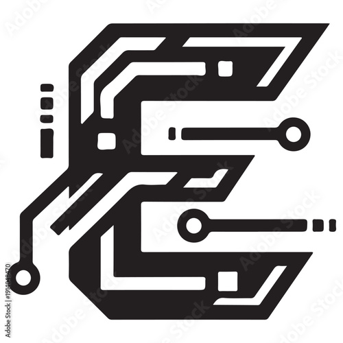 Futuristic Cyberpunk Letter E Icon Featuring Intricate Circuit Board Patterns and Digital Node Connections Representing High-Tech Innovation and Electronic Data Flow in a Bold Minimalist Style