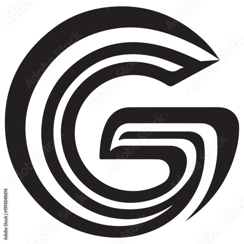 Stylized capital letter G monogram logo featuring bold black concentric curves and sharp geometric lines designed for modern corporate branding or creative tech startups with a minimalist vibe.