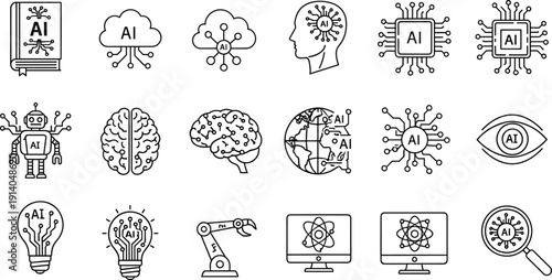 Black and white linear icon set of artificial intelligence, robotic arm, neural network, cloud computing, cad drawing flat vector illustration.