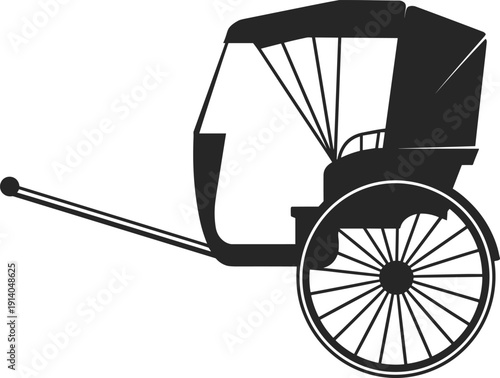 Vintage rickshaw silhouette illustration, traditional Asian transport vehicle, hand pulled cart icon, black vector design, isolated white background, minimal art