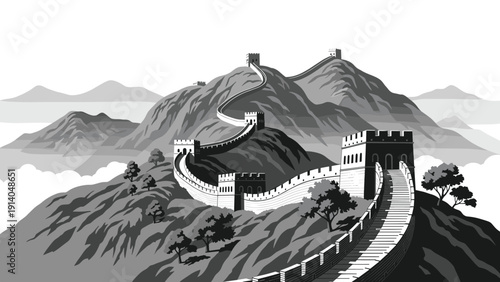 Detailed illustration of the Great Wall of China winding through a series of steep mountains and hills in a black and white style.
