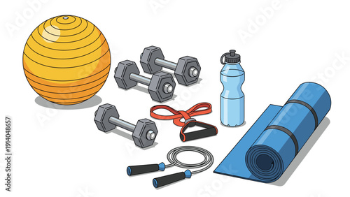 Collection of various fitness equipment including an exercise ball, dumbbells, resistance band, and a yoga mat on a white background.