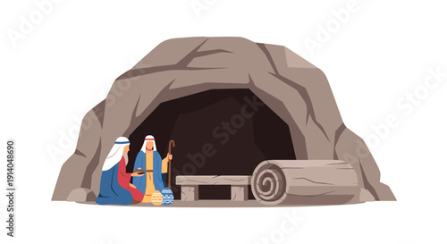 Two robed figures sit solemnly beside an open cave tomb with a rolled-away stone, a wooden bench inside.