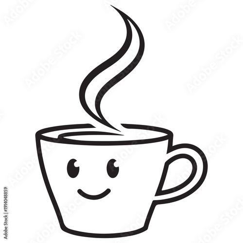 Cute Smiling Coffee Cup Vector Illustration with Steam Rising, Minimalist Black and White Line Art Icon for Cafe Branding and Morning Routine Graphics, Friendly Tea Mug Character Design.