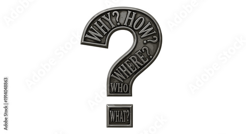 An embossed metallic question mark features engraved words WHY? HOW? WHERE? WHO? and WHAT? on a pure white background.