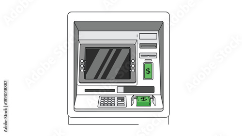 Front view of an automated teller machine or ATM dispensing paper currency bills from a slot on a clean white background.