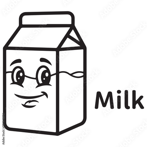 Cute cartoon milk carton character with a friendly face and the word Milk, smiling for a coloring activity, isolated on white background for educational worksheets and children's art projects.
