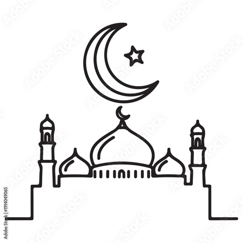 Minimalist mosque line art illustration with crescent moon and star representing Islamic architecture and religious symbols for Ramadan Kareem and Eid Mubarak celebrations, clean black outline.