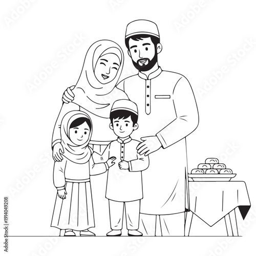 Happy Muslim family with parents and children celebrating Eid al-Fitr together in a black and white line art illustration for coloring, featuring traditional clothing and festive sweets.