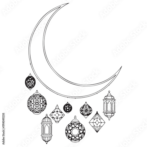 Intricate crescent moon and traditional hanging lanterns arranged in a decorative composition for coloring, celebrating Islamic festivals like Ramadan Kareem and Eid Mubarak with minimalist line art.