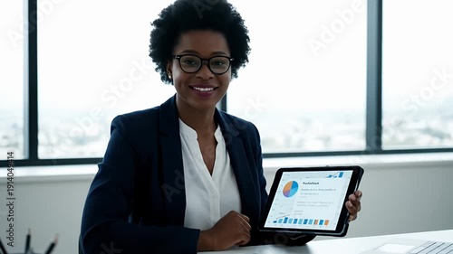 Professional woman in glasses points at a tablet displaying financial charts on a desk