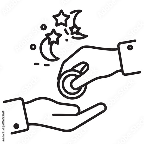 Minimalist line art icon of a hand giving a coin to another hand under a crescent moon and stars, representing Islamic Zakat, Sadaqah, and religious charity during Ramadan or Eid.