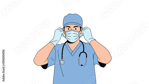 Professional male medical worker in blue scrubs puts on a protective face mask and gloves to prepare for a clinical procedure.