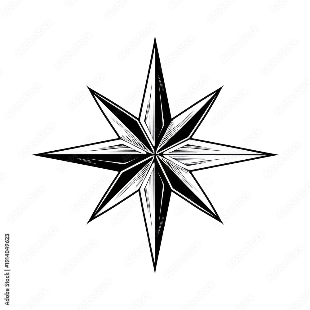 Obraz premium Monochrome compass rose illustration, eight pointed star with shading on black backdrop