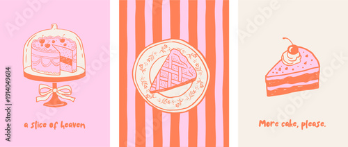 Retro pastry shop and bakery label set. Vintage illustrations of cakes and sweets for cafe logos and branding. 