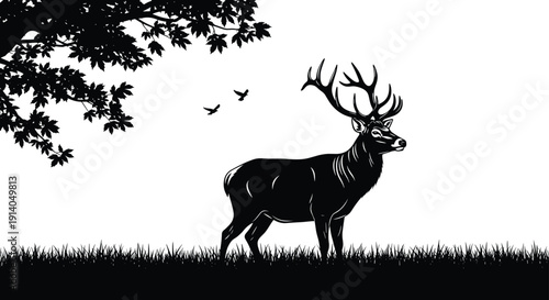 Noble, stag, silhouette, standing, in, forest, meadow, with, birds, and, tree, leaves, for, hunting, club, nature, conservation, wildlife, park, illustration.