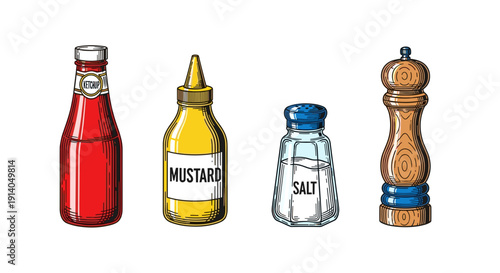 Colorful Condiment Bottles and Pepper Mill