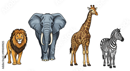 Wild Animals Lion Elephant Giraffe Zebra in a Row Isolated
