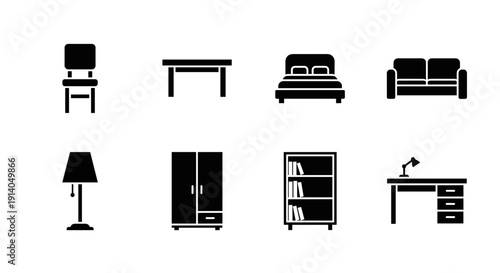 Furniture icon set with chair table bed sofa lamp cabinet vector
