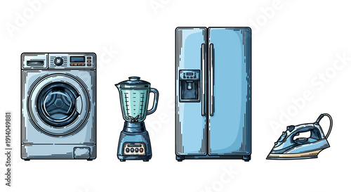 Household Appliances Set, Washing Machine, Blender, Fridge, Iron