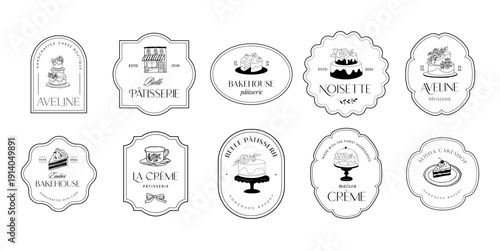 Retro pastry shop and bakery label set. Vintage illustrations of cakes and sweets for cafe logos and branding. 
