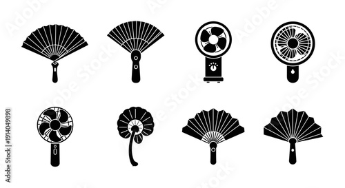 Fan icon set with hand fan electric fan vintage fan vector
