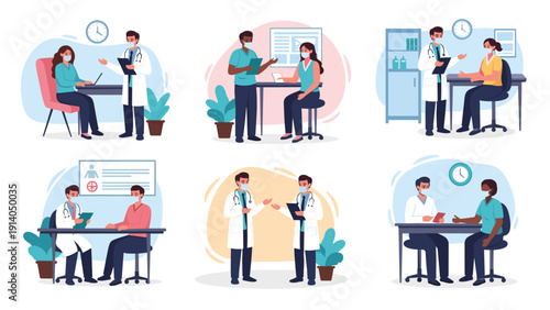 Collection of illustrations showing various medical consultations between diverse doctors and patients in different office settings.