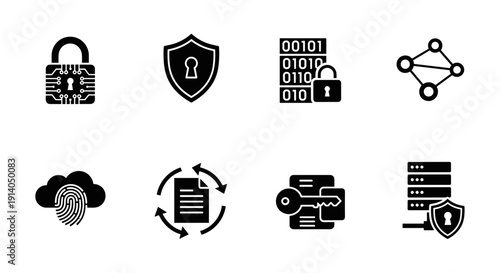 Cyber security icon set with lock shield data fingerprint server network vector
