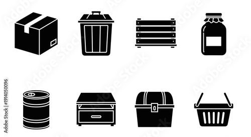 Storage icon set with box bin shelf jar barrel chest basket vector
