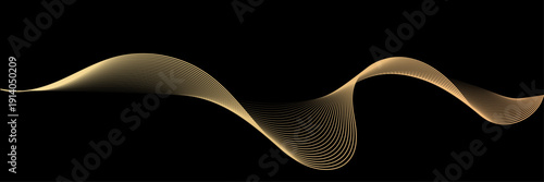 3D vector pattern of gold waves in a smooth curve, flowing dynamic golden gradient wavy lines isolated on black background concept of luxury, digital, AI, technology, communication, science, music