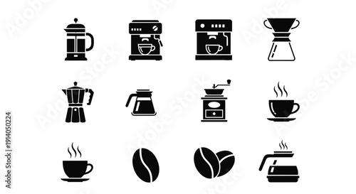 Coffee maker icons set with espresso cup and beans vector

