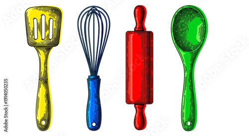 Colorful Kitchen Utensils Set with Spatula, Whisk, Roller, Spoon