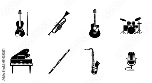 Music icons set with guitar piano drum and microphone vector
